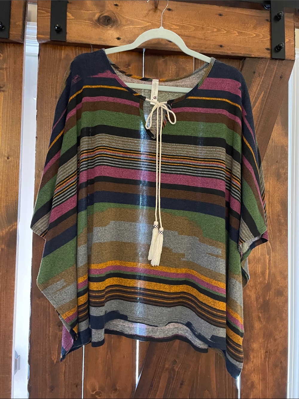Pink Owl Multicolor Striped Tie-Neck Poncho Top